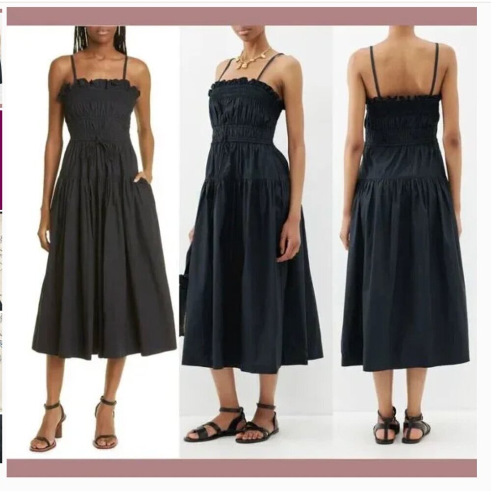 NWT Ulla Johnson Black Ruffled Lisbet Dress Noir 10 tank midi chinched - Picture 2 of 12